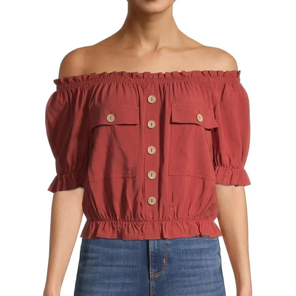 No Boundaries Juniors' Off Shoulder Woven Top - Picture 1 of 5
